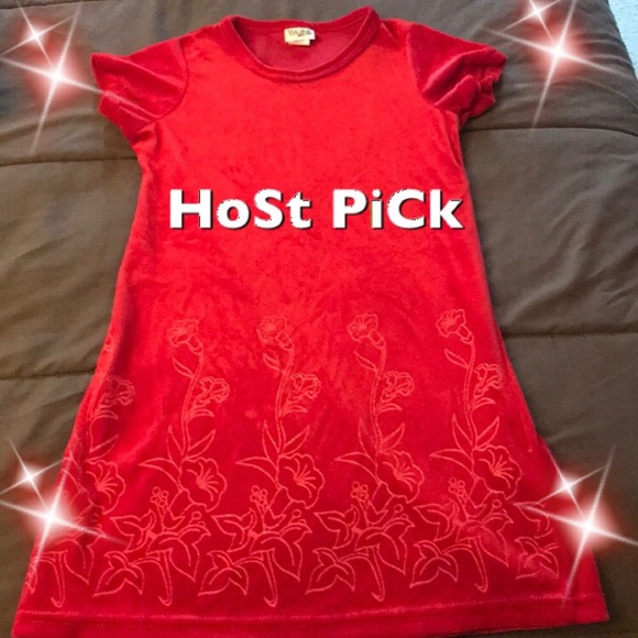 Red velvety dress with flowers size 7/8 - Picture 2 of 5